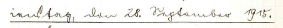 Handschriftliche originale Kriegstagebucheintragsüberschrift: Dienstag, den 28. September 1915.