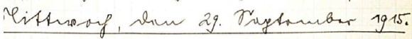 Originale handschriftliche Überschrift des Eintrages im Kriegstagebuch: Mittwoch den 29. September 1915.