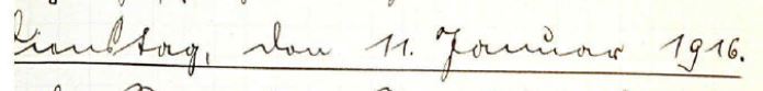 Kurrentschrift: Dienstag den 11. Januar 1916