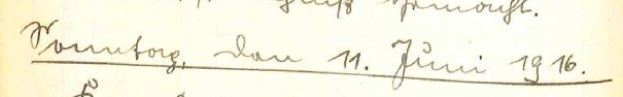 handschriftliche Überschrift aus dem Kriegstagebuch: Sonntag, den 11. Juni 1916.