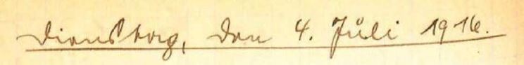 Kriegstagebuchüberschrift, handschriftlich: Dienstag, den 4. Juki 1916.