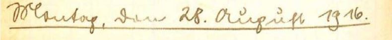 Tagebuchüberschrift handschriftlich: Montag, den 28. August 1916.